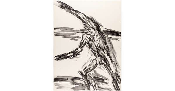 An abstract black-and-white print of a nude man extending one arm above his head as he lunges forward.