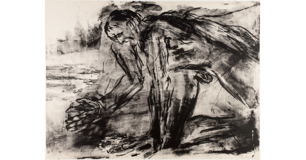 An abstract black-and-white print of a nude man bent over on his knees with a distressed look on his face.