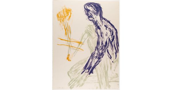 An abstract color print of a purple, gray, and yellow person drawn in a painterly style.