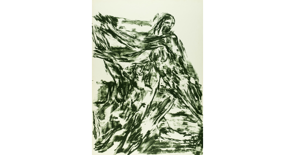 An abstract color print of several dark green huddled human figures with their arms raised to suggest movement.