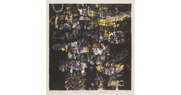 An abstract color print of mostly black with splotches of yellow, white, purple, and blue throughout.