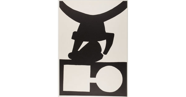 A black-and-white print of abstract geometric and curved shapes stacked on top of one another.