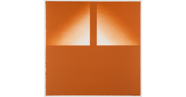 An abstract color print of two squares with white-to-orange gradients in the top half on a solid orange background.