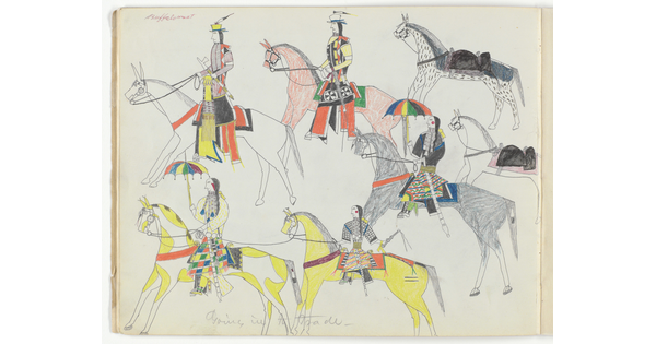 A stylized drawing of a group of multi-colored horses, most with riders dressed in Indigenous clothing.