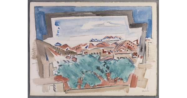 An abstract watercolor of adobe structures among green trees, red rocks, and mountains under blue skies.