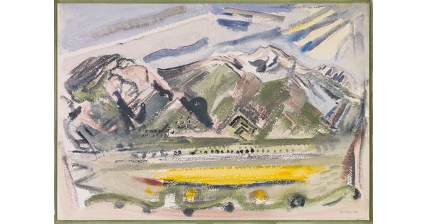 An abstract watercolor of tall mountains beyond a green and yellow plain dotted with trees.