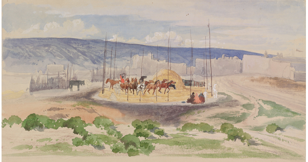 A watercolor painted in a loose style of horses in a circular corral trampling mounds of wheat as people watch, adobe buildings in the background.