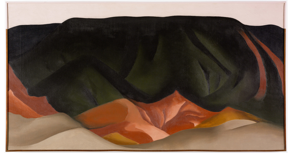 An oil painting of dark mountains cascading down the canvas in various heights and colors from a light pink sky.