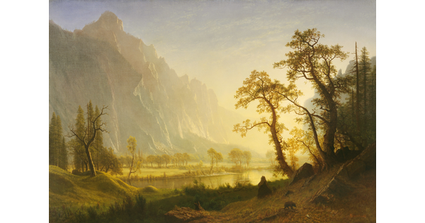 An oil painting of sunlight flooding a mountain valley filled with trees and a lake.