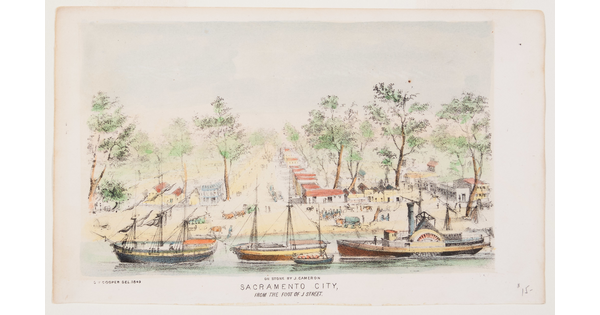 A color print of four boats on a waterfront next to a town.