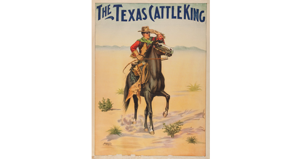 A color print of a White cowboy on horseback holding up a gloved hand up to shield his eyes in a desert landscape.