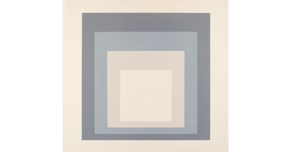 An abstract color print of four squares nested from largest to smallest in gray, blue, cream, and white.