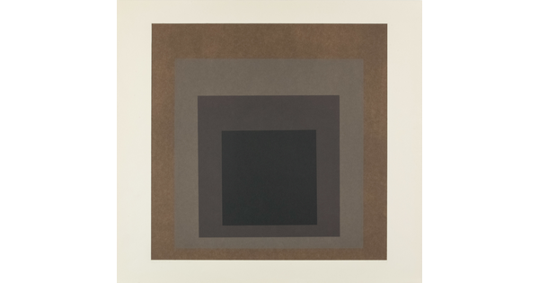 An abstract color print of four squares nested from largest to smallest in brown, light gray, dark gray, and black.