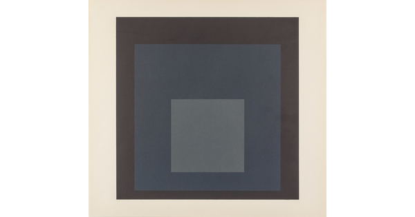 An abstract color print of three squares nested from largest to smallest in brown, blue, and light blue.