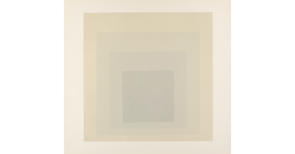An abstract color print of four squares nested from largest to smallest in tan, light gray, medium gray, and dark gray.