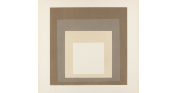 An abstract color print of four squares nested from largest to smallest in brown, gray, cream, and white.