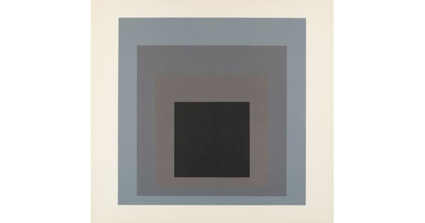 An abstract color print of four squares nested from largest to smallest in blue, gray, brown, and black.