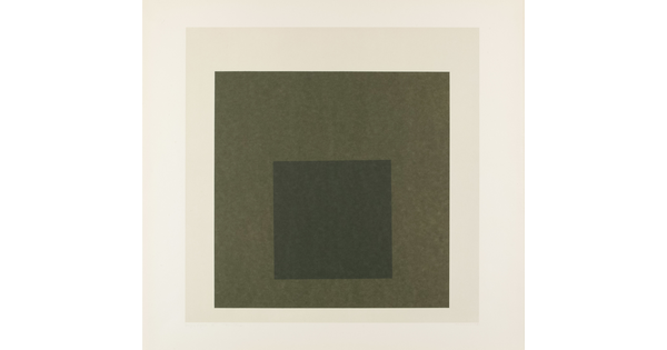 An abstract color print of three squares nested from largest to smallest in cream, green, and dark green.