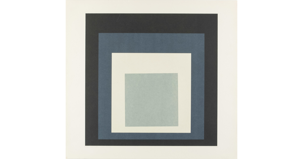 An abstract color print of four squares nested from largest to smallest in brown, blue, cream, and gray.