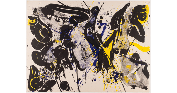 An abstract color print of black brushstrokes and splatters with splotches of yellow and blue.
