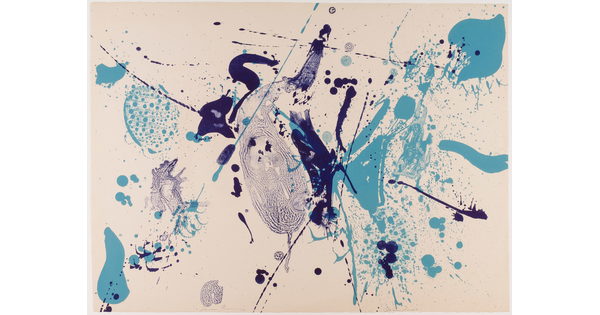 An abstract color print of blue and violet paint splatters.