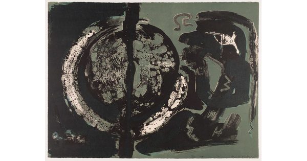 An abstract color print of a white and black circle with a vertical line through it, phi, and other organic shapes in green, white, and black.