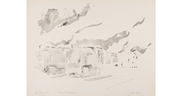 An abstract black-and-white print of a cityscape with cloud-like shapes above the buildings.