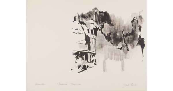 An abstract black-and-white print of gestural brushstrokes suggestive of a locomotive arriving from the right side of the paper.
