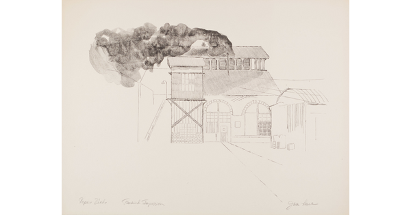 A black-and-white print of a train shed, tracks leading to one of the doors, and smoke coming out of the roof windows.