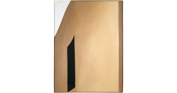 An abstract oil painting of a black doorway on the side of an adobe structure.