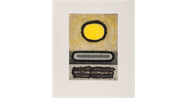 An abstract color print of a yellow sun with a thick black outline floating above textured rectangular and oval shapes on a speckled background.