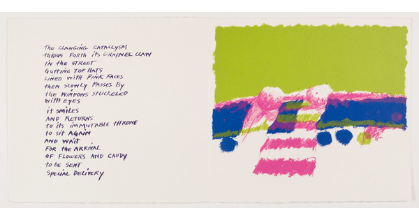 An abstract color print with a handwritten poem on the left; on the right, an abstract illustration with bright green, pink, and blue rectangles and circles.