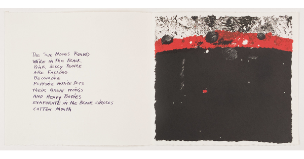An abstract color print with a handwritten poem on the left; on the right, a rough black square topped with a thick red line, and black circular shapes and textures.