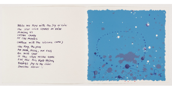 An abstract color print with a handwritten poem on the left; on the right, a blue block of color with blue, white, and gray paint splatters.