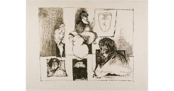 A black-and-white print of vignettes of various human figures.