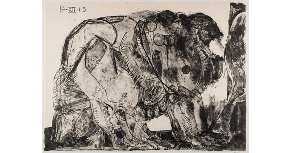 An abstract black-and-white print of a grotesque monster-like figure illustrated with textured lines and smudges.