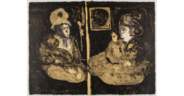 An abstract color print of two people seated face-to-face, both wearing large hats, on a black background.