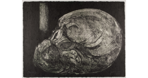 An abstract black-and-white print of a lightbulb-shaped figure full of organic swirls and shapes on a black background.