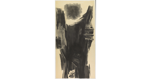 A tall, abstract, black-and-white ink drawing of a landscape made of broad, black strokes with a sun-like shape at the top.