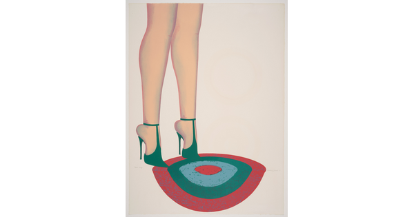 A color print of a woman's legs wearing pointy green high heels standing on a round red, blue, and green bullseye rug.
