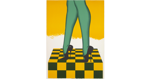 A color print of a woman's legs wearing pointy black high heels standing on a black and yellow checkered floor.