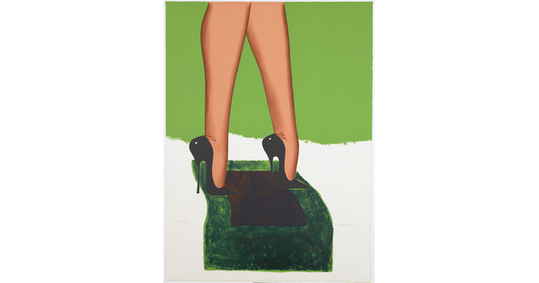 A color print of a woman's legs wearing pointy black high heels standing on a green and brown rectangular rug.