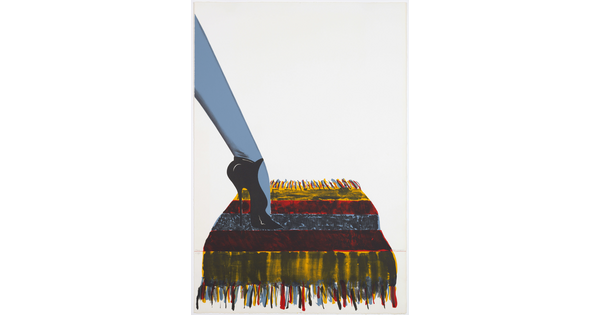 A color print of a woman's leg wearing pointy black high heels stepping on a red, blue, and yellow rectangular rug with tassels.