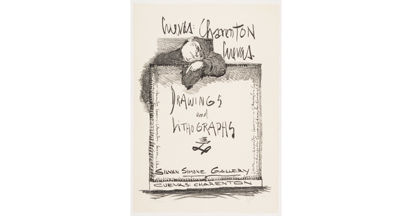 A black-and-white illustration of a man resting against a large sign that says "Drawings and Lithographs."