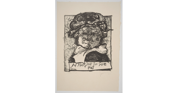 A black-and-white portrait print of a cartoon-like White man frowning.