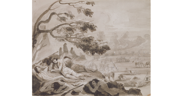 A black-and-white ink drawing of a group of Indigenous people sleeping and resting under trees with their horses grazing in the distance.