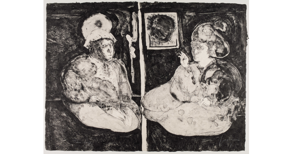 A black-and-white print of two people, both dressed in bulky clothing, seated on the floor facing each other in a small room.