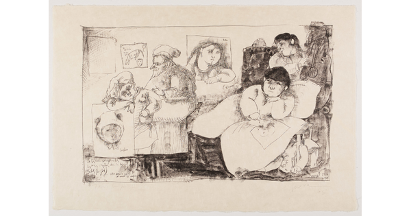 A black-and-white print of a group of people engaged in a variety of activities, like drawing and playing music, in a small, crowded room.