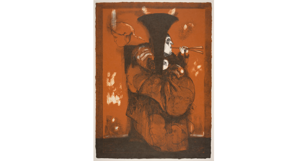 A color print of a figure playing an pipe-like instrument while wearing a black, cone-shaped hat and robe that has many subtle faces on it.
