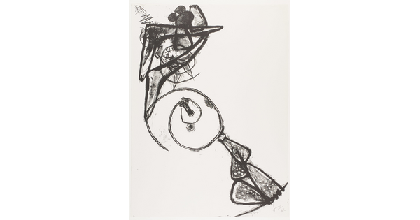 An abstract black-and-white print featuring triangular and spiral shapes flowing diagonally from top left to lower right.